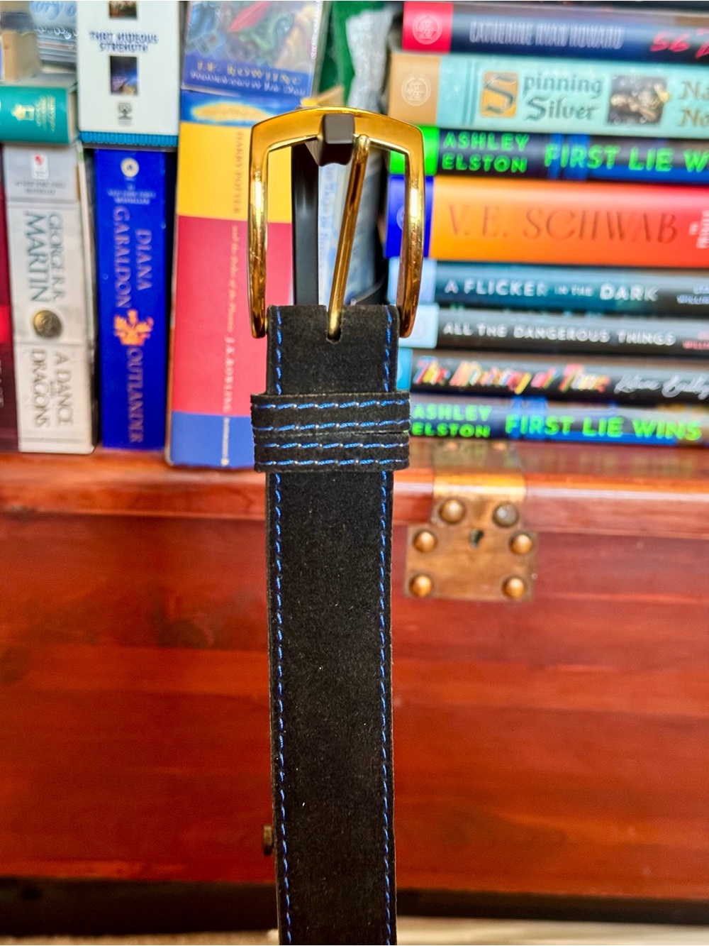 Black Suede Belt with Blue Stitching and Gold Buckle